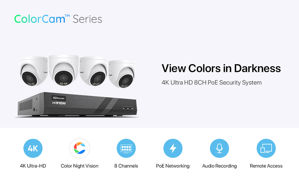 H.View 8 Channels 4K PoE NVR N3108 Supports 4K/5MP/4MP/3MP/1080P No Install Hard Disk Home Security Camera System Network Video Recorder 8-Channel Power Over Ethernet Supports up to 10TB HDD 