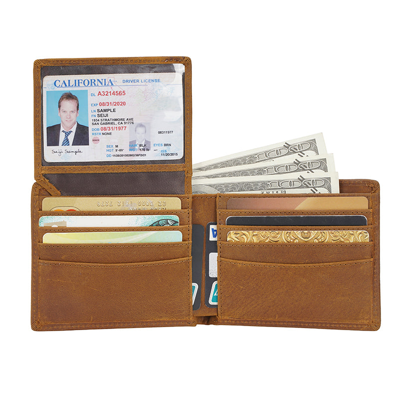 Custom Retro Brown Bifold Crazy Horse Genuine Leather Wallet With 2 ID Window Full Grain Leather Wallet
