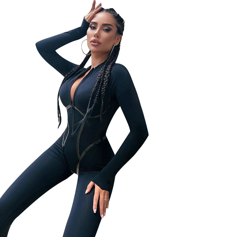 Leather Ribbon Split Line Long Sleeve Zipper Skinny Jumpsuit