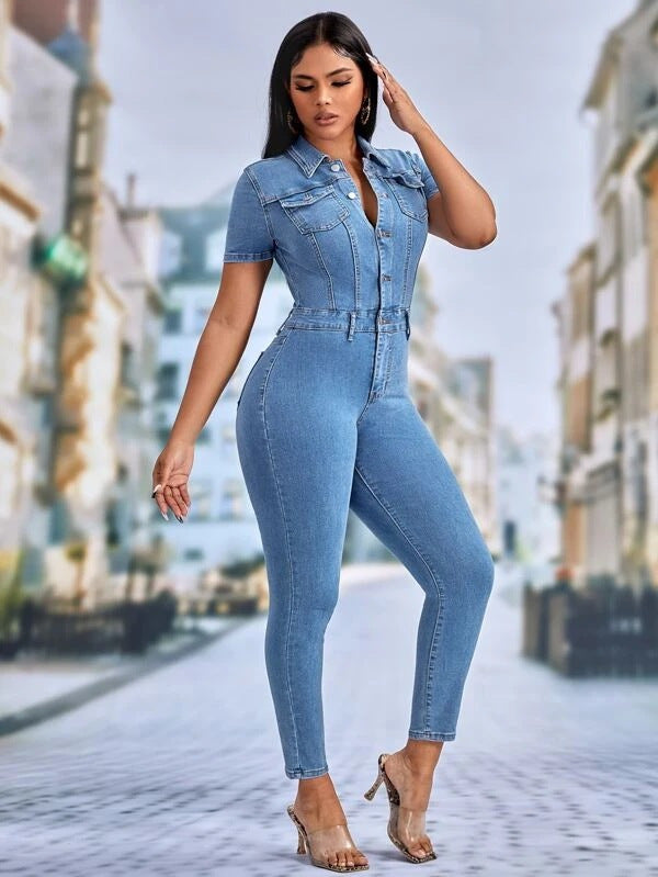 Elastic Slim Waist Washed Denim Jumpsuit