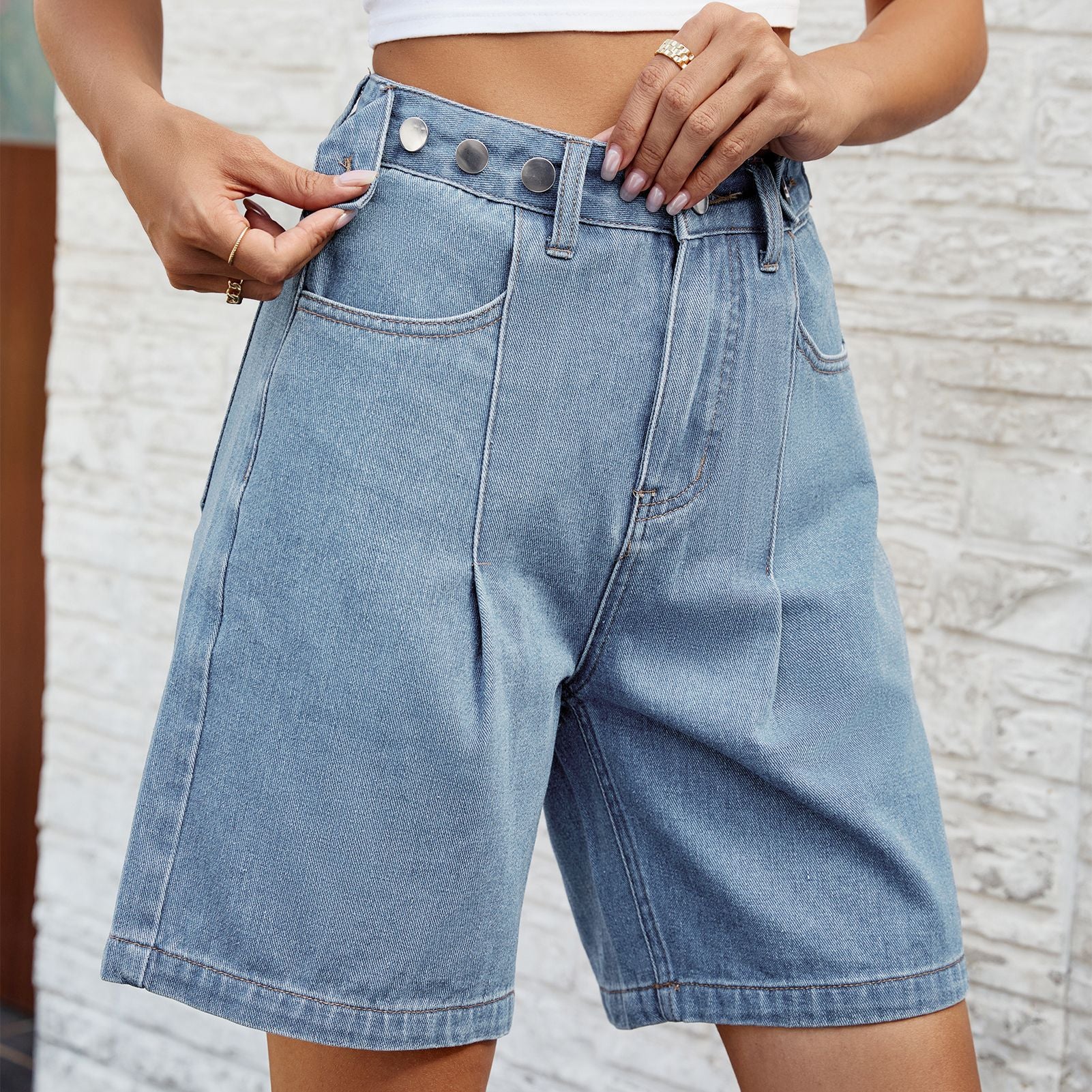 Washed Waist Adjustable Denim Shorts for Women