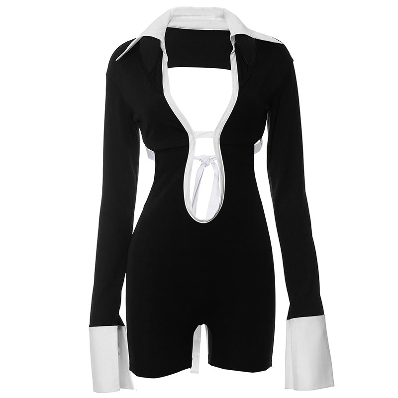 Contrast Polo Collar Tight Romper for Women