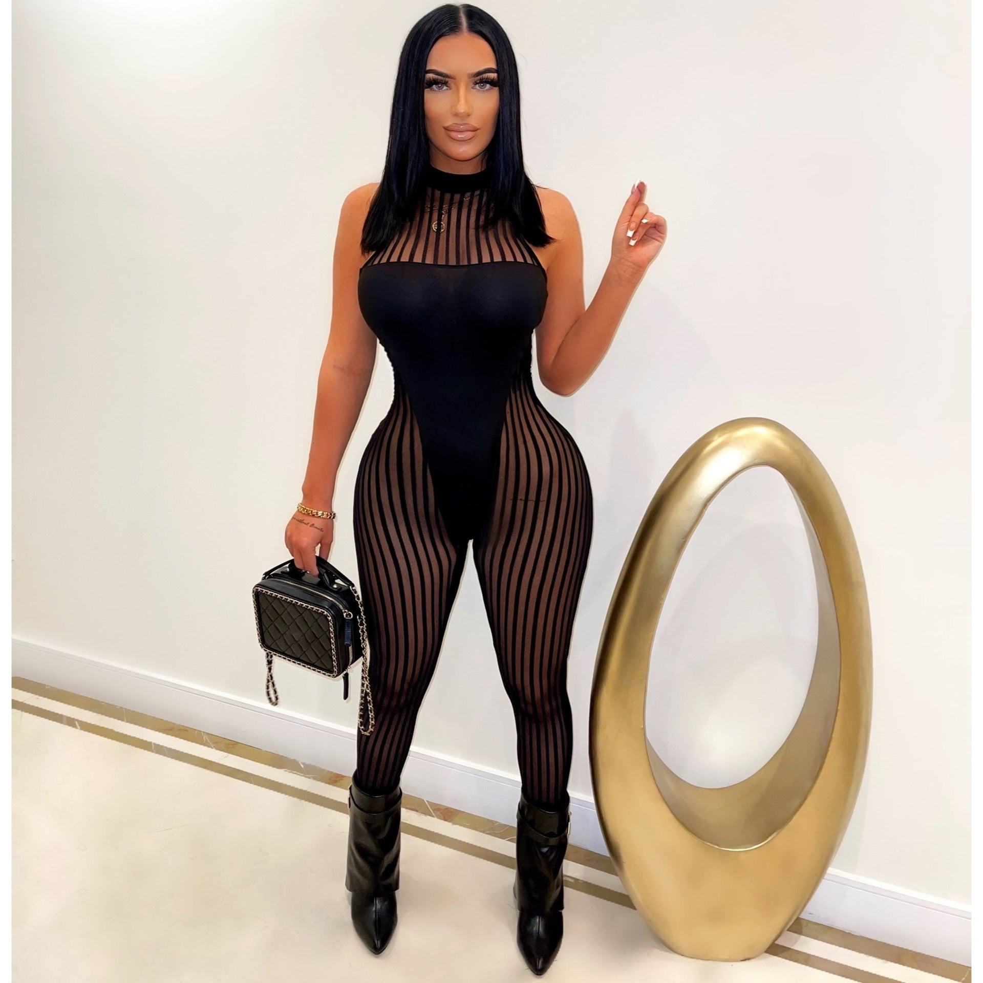 Women Sexy Mesh Stripes Stitching Jumpsuit