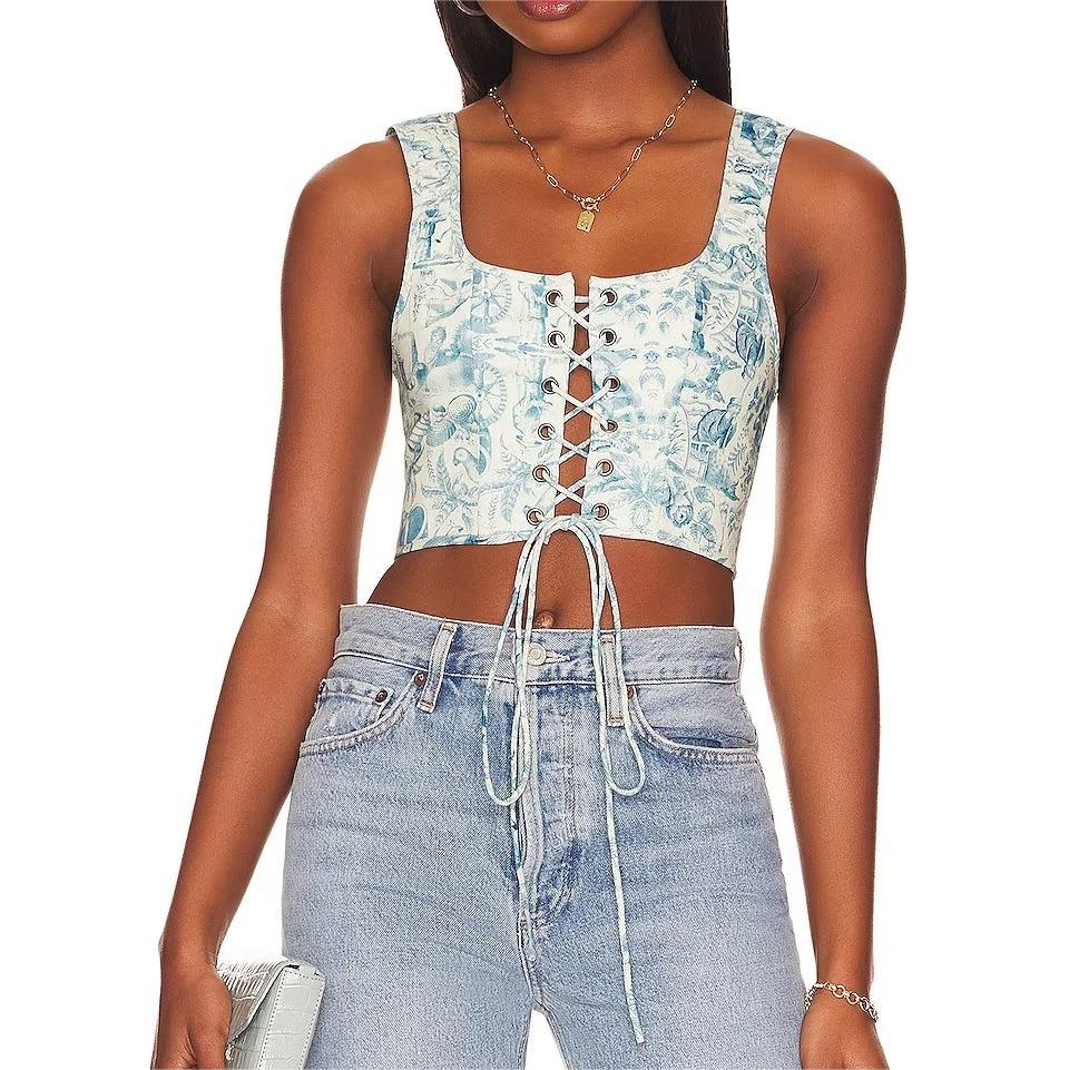 Blue White Porcelain Lace Up Small Tank Top for Spring Women