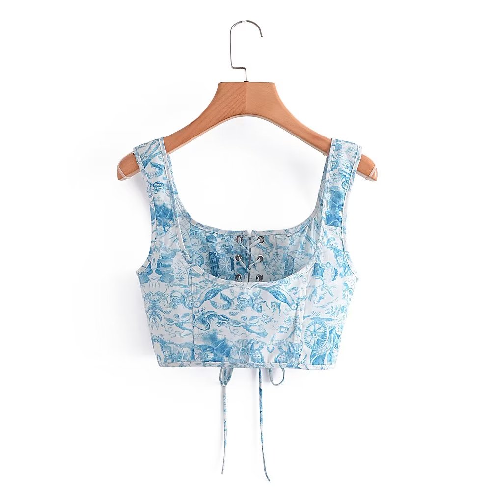 Blue White Porcelain Lace Up Small Tank Top for Spring Women