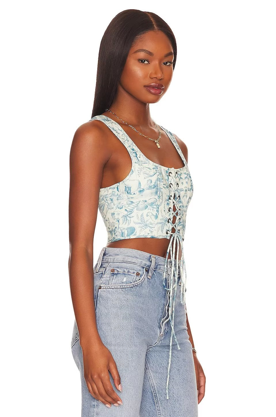 Blue White Porcelain Lace Up Small Tank Top for Spring Women