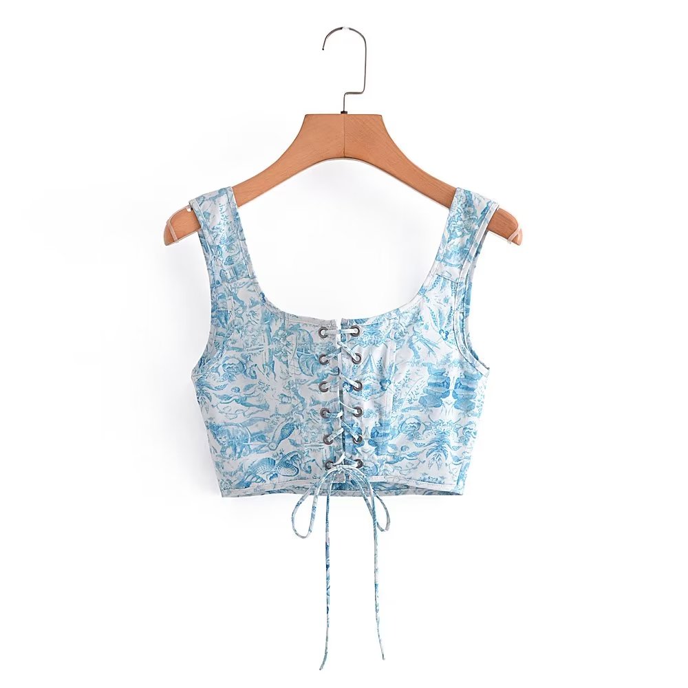 Blue White Porcelain Lace Up Small Tank Top for Spring Women