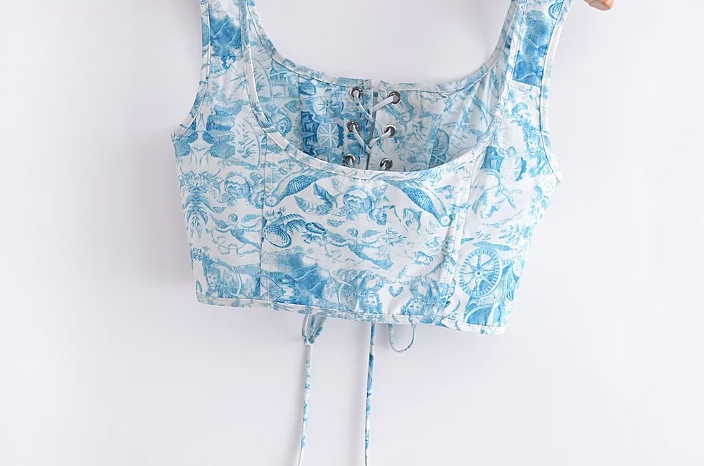 Blue White Porcelain Lace Up Small Tank Top for Spring Women