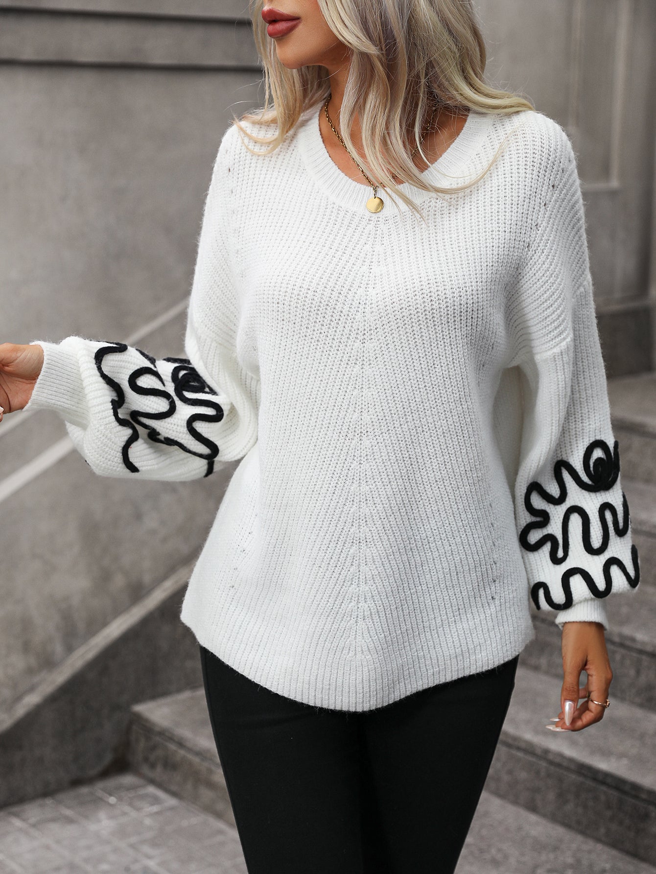 Solid Color Pattern Sweater for Women