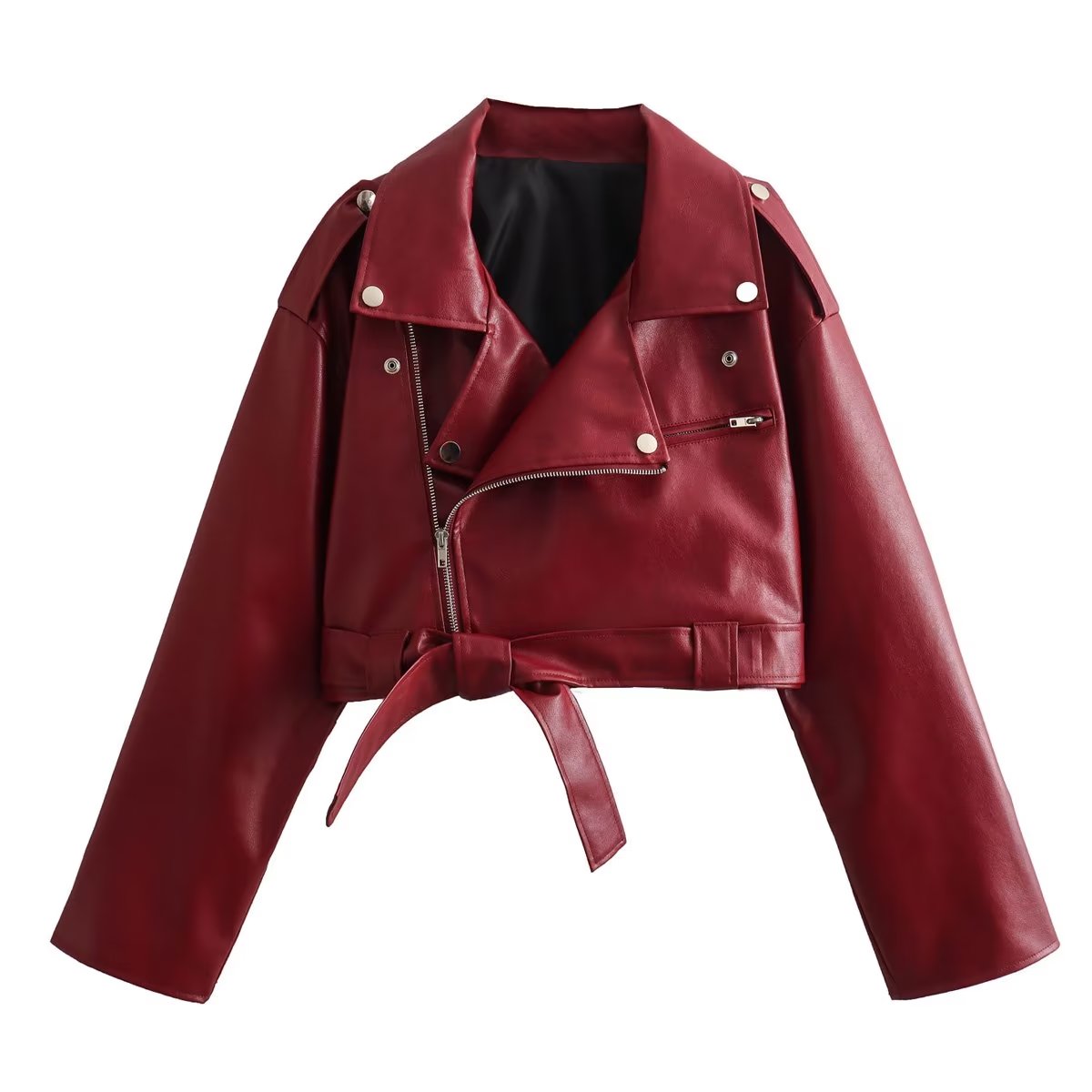 Women Motorcycle Collared Long Sleeve Leather Jacket