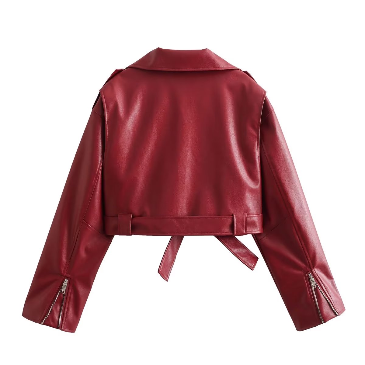 Women Motorcycle Collared Long Sleeve Leather Jacket