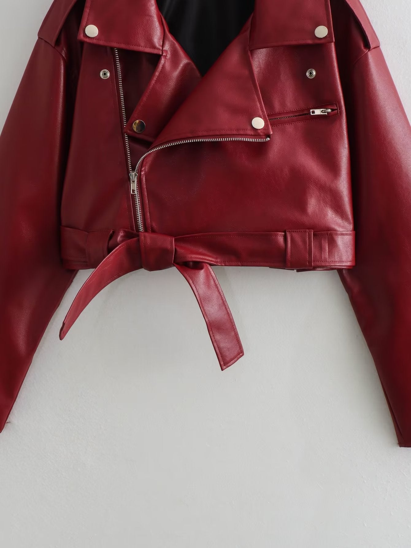 Women Motorcycle Collared Long Sleeve Leather Jacket