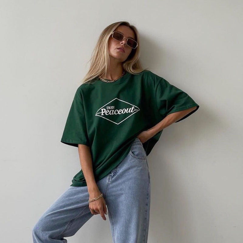 Shoulder T-shirt Dark Green Student Loose Cotton