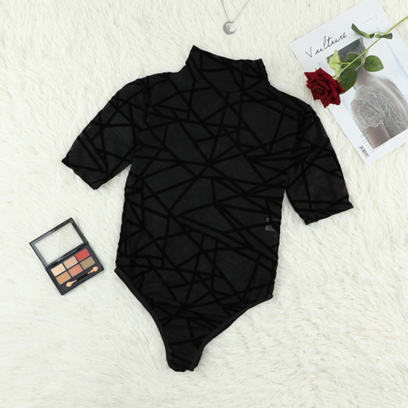 See-Through Geometric Abstract Turtleneck Tight Bodysuit