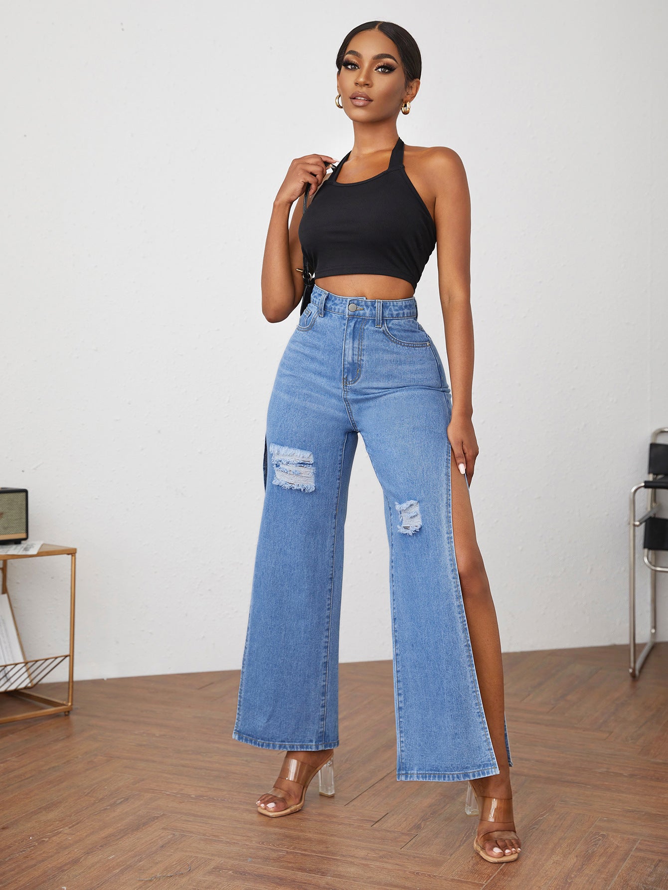 Women Traceable Ripped Split Jeans
