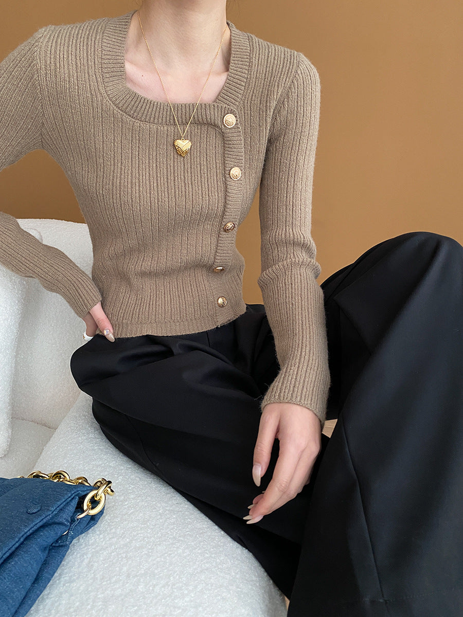 Gold Buckle Asymmetric Placket Shoulder Sweater