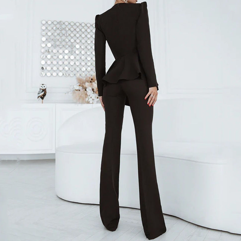 Women Set Solid Color Blazer Top Straight Two Piece Pants