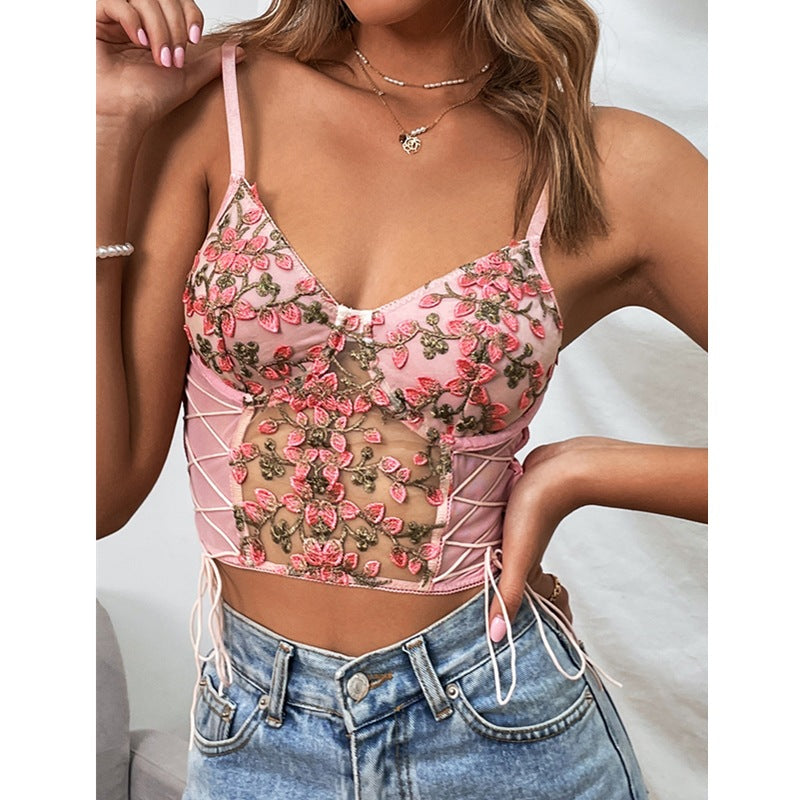 Exquisite Embroidered Floral Lace-up Vest