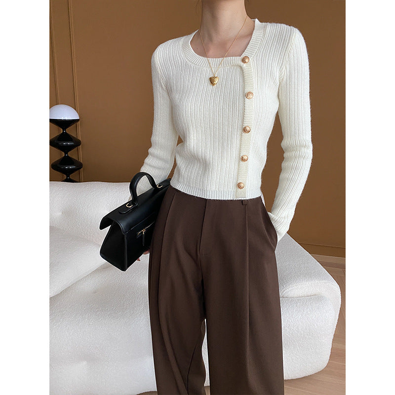 Gold Buckle Asymmetric Placket Shoulder Sweater