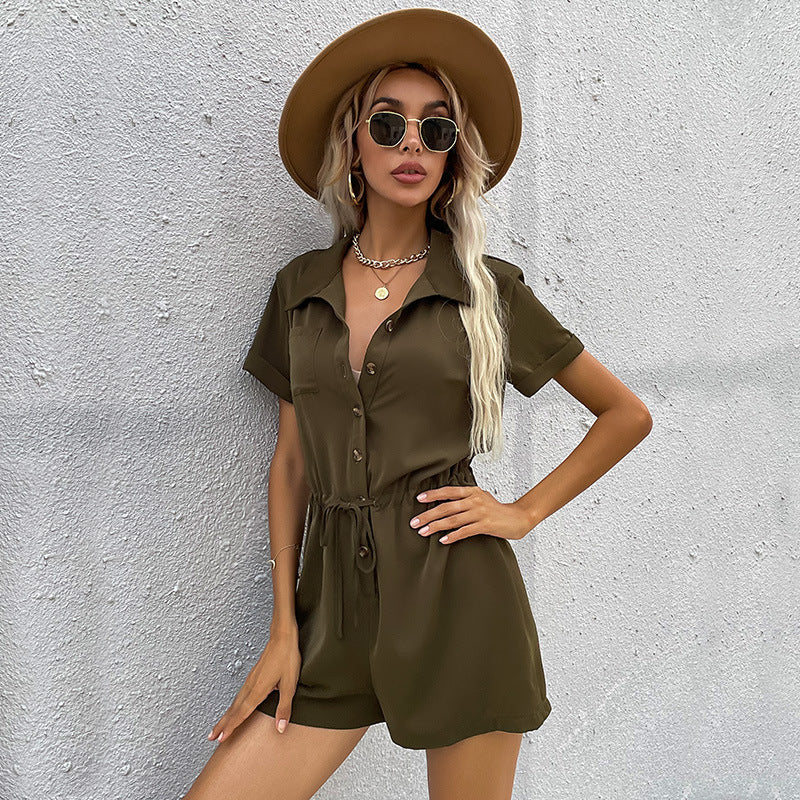 Sleek and Comfortable Green Collared Romper for Women