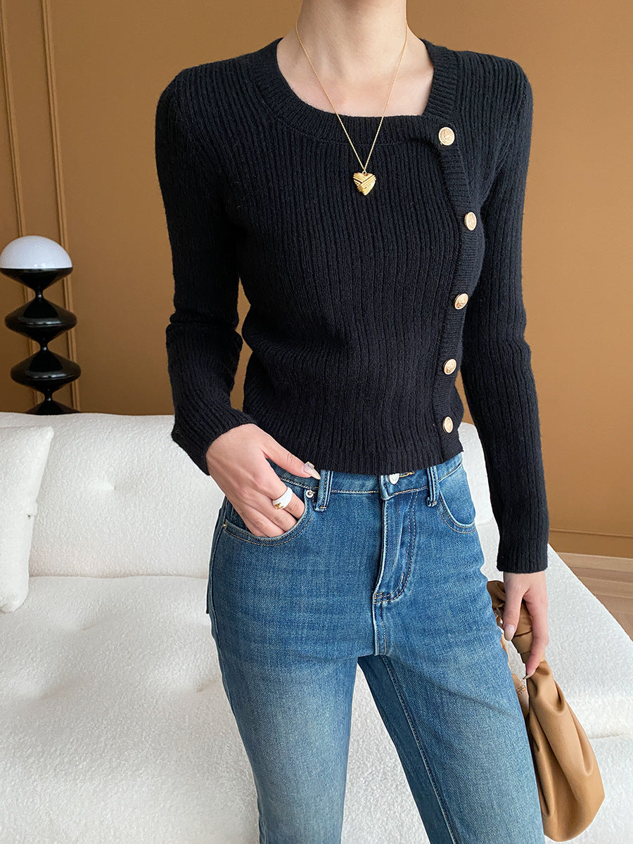 Gold Buckle Asymmetric Placket Shoulder Sweater