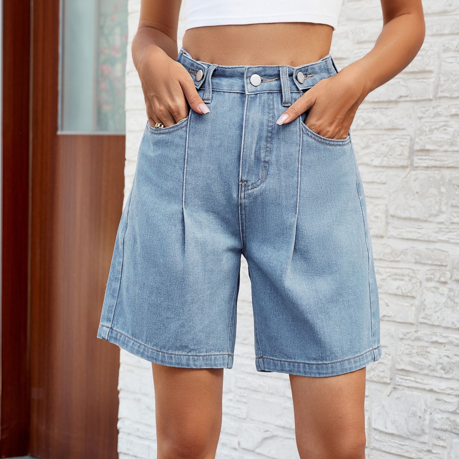 Washed Waist Adjustable Denim Shorts for Women