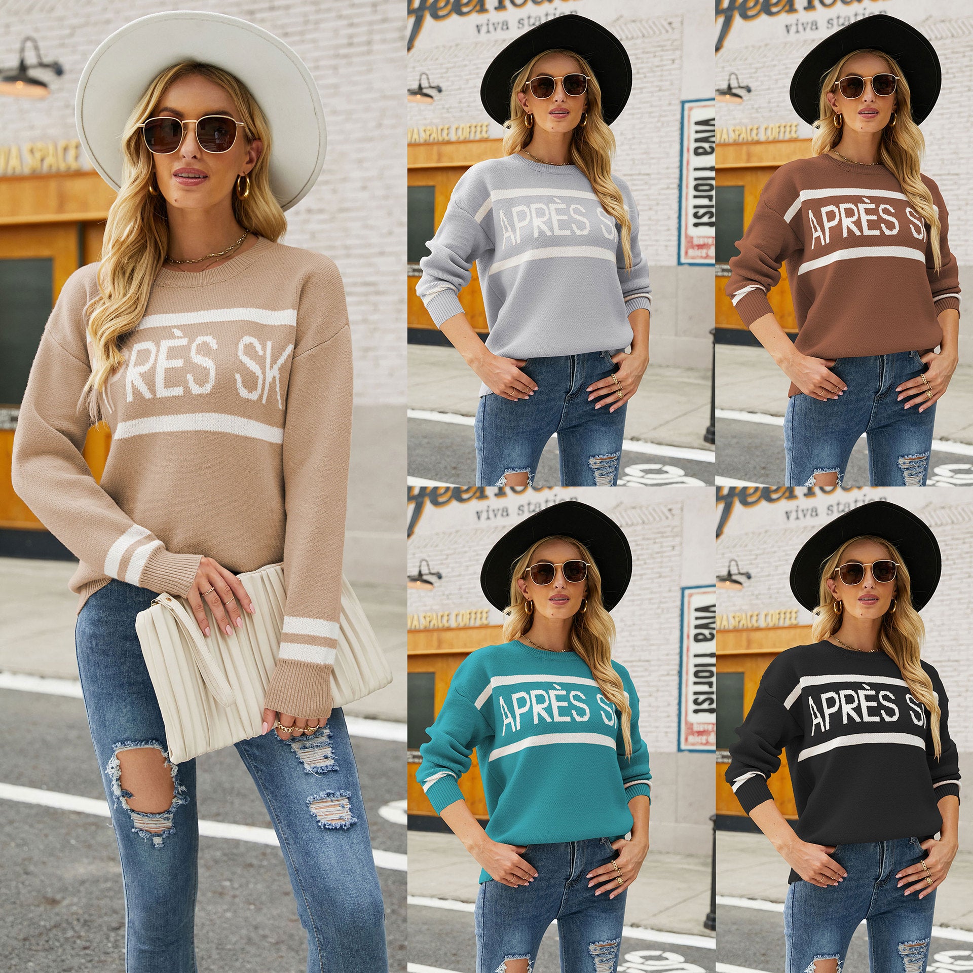 Letter Print Crew Neck Pullover Long Sleeve Sweater