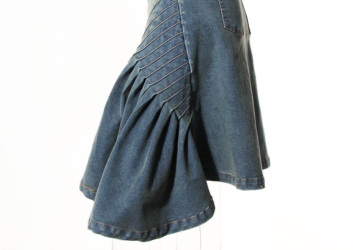 High-Waist Pleated Denim Fishtail Skirt