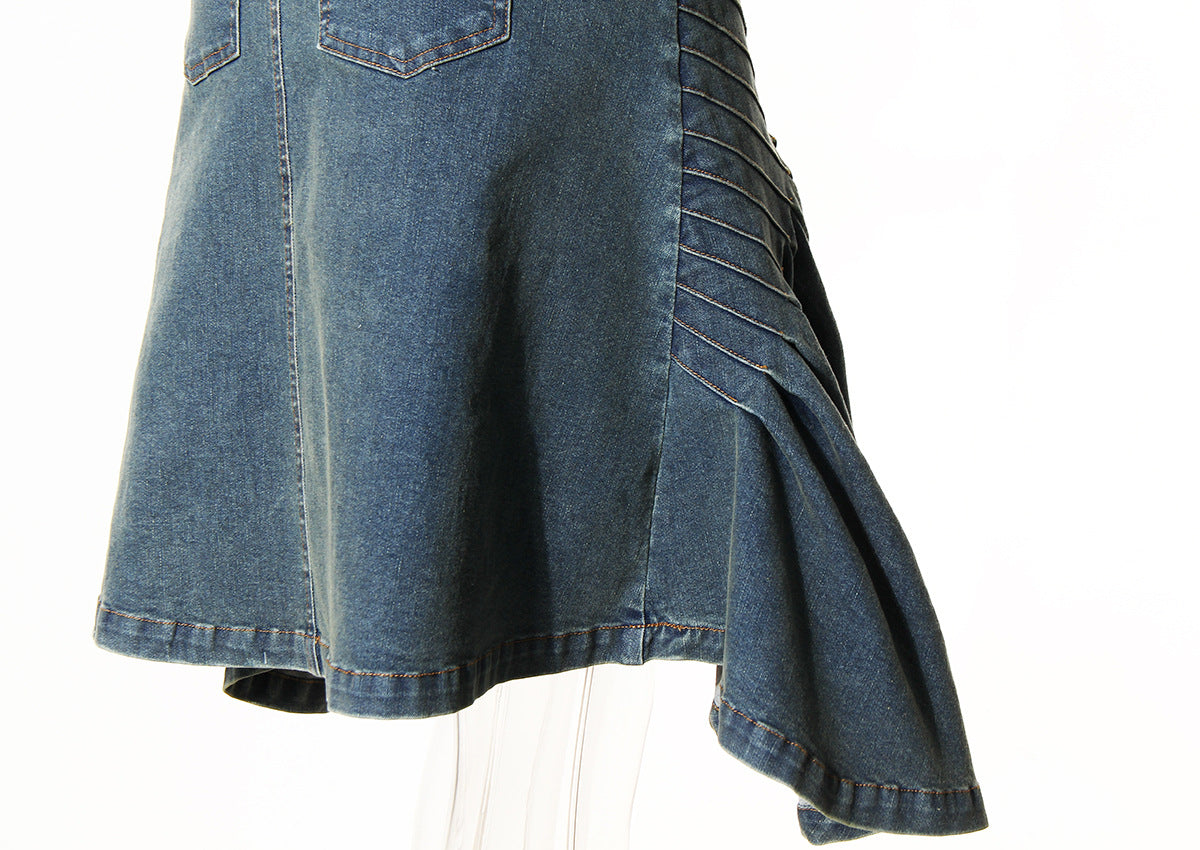 High-Waist Pleated Denim Fishtail Skirt