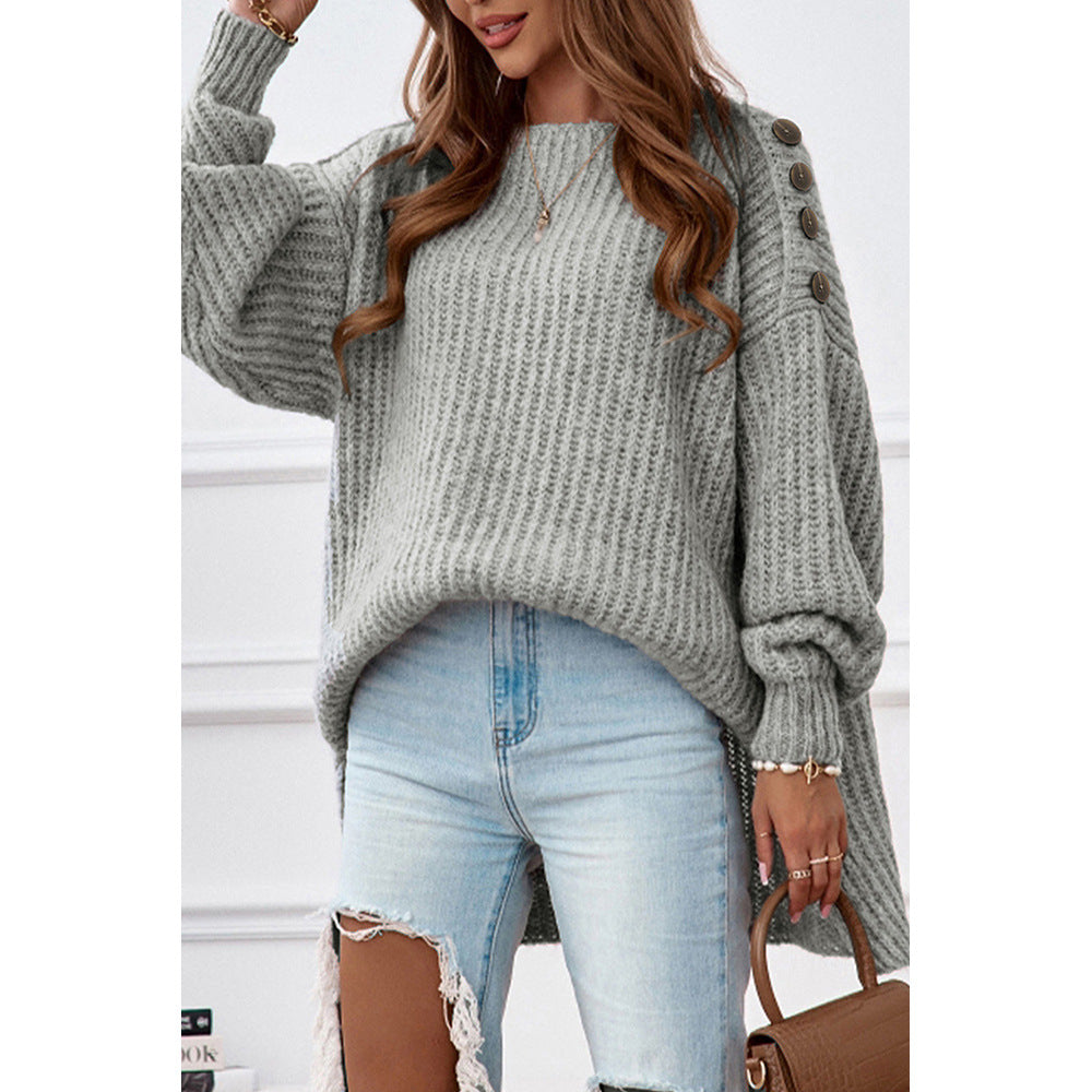 Casual Gray Button Drooping Shoulder Width Sweater