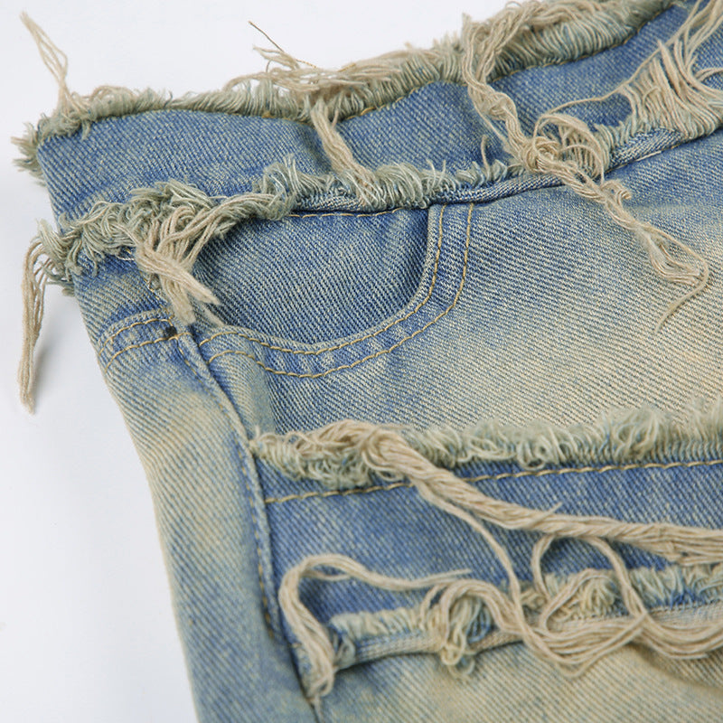 Vintage Washed Asymmetric Denim Skirt with Split Button Detail