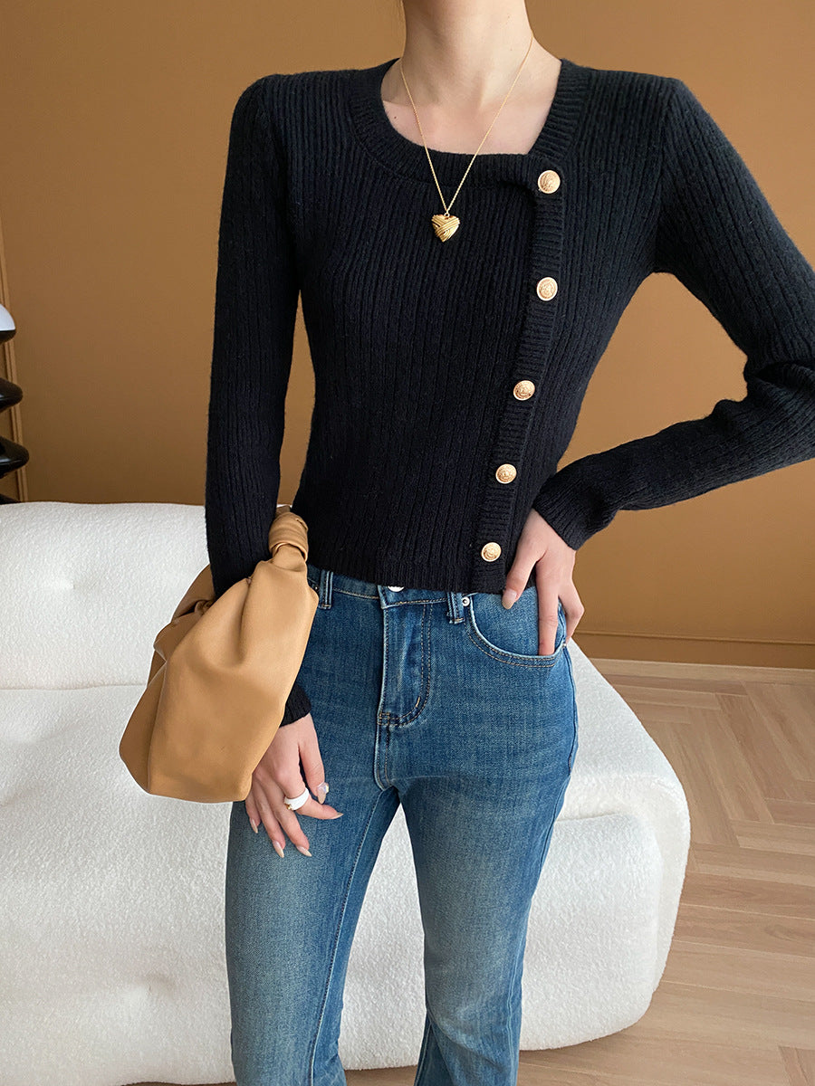 Gold Buckle Asymmetric Placket Shoulder Sweater
