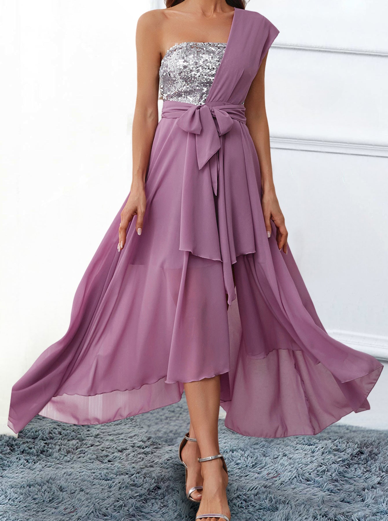 One Shoulder Lavender Prom Dress