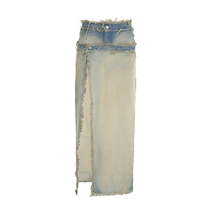 Vintage Washed Asymmetric Denim Skirt with Split Button Detail