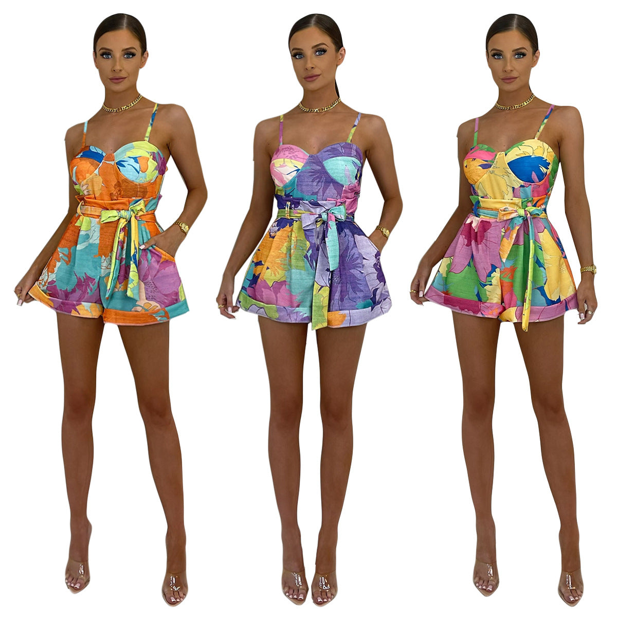 Women Suspenders Printed Two-Piece Suit Romper