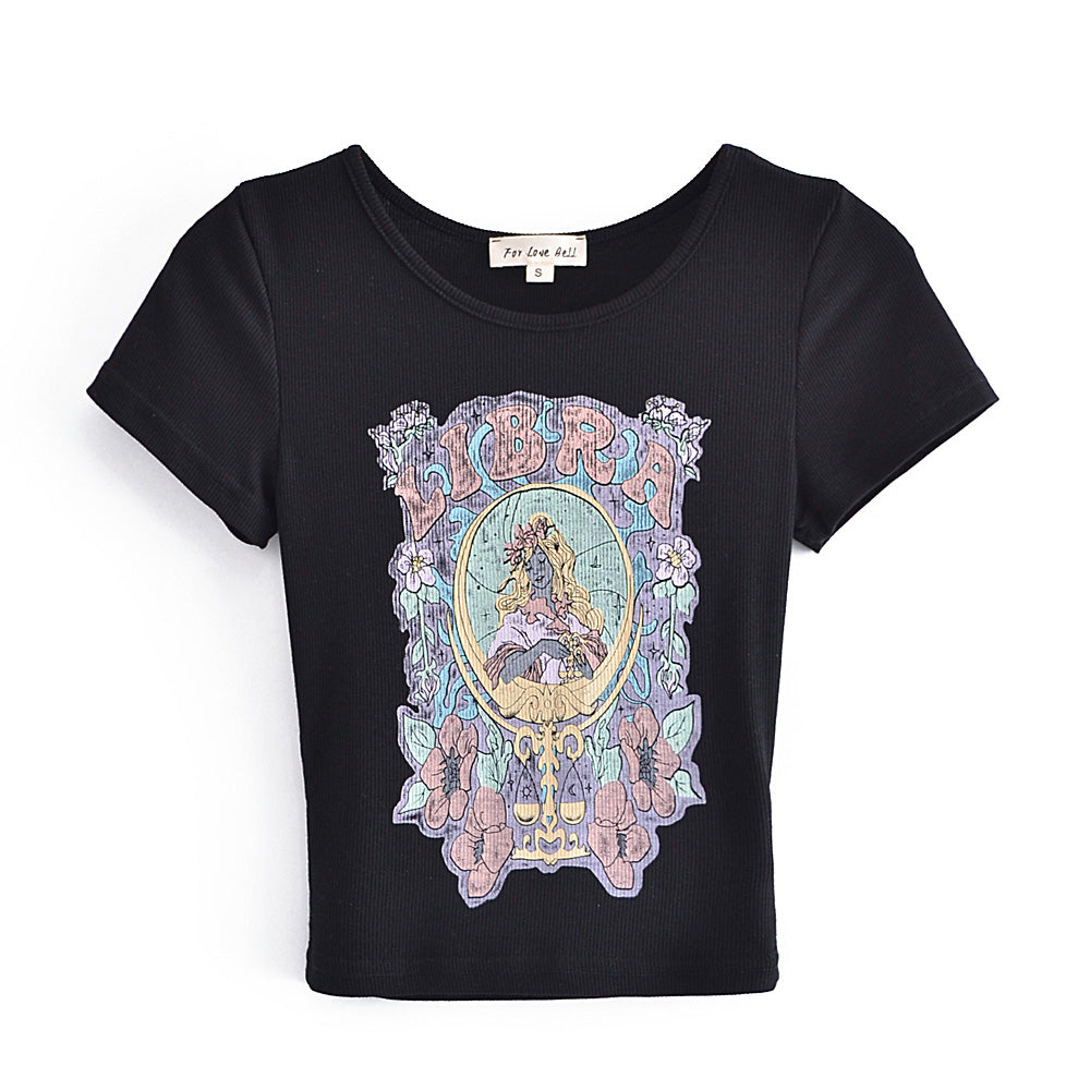 French Retro Thread High Elastic Mermaid Printed T-Shirt for Women