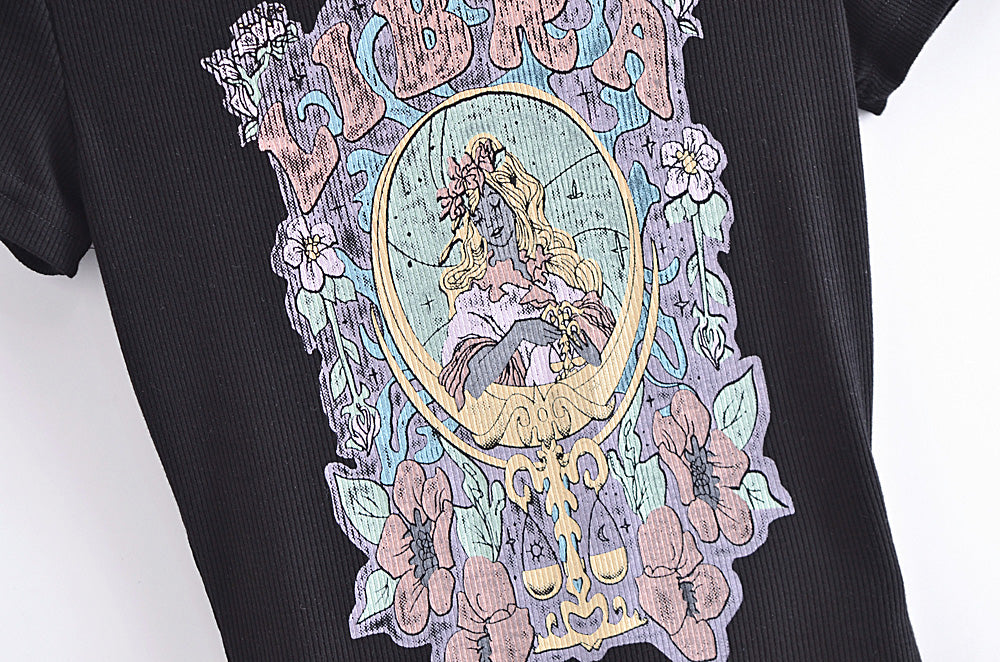 French Retro Thread High Elastic Mermaid Printed T-Shirt for Women