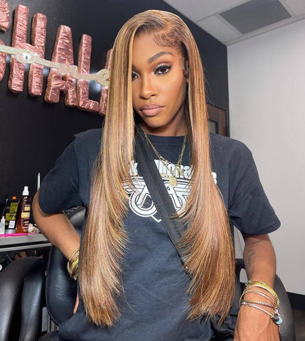 Glattes Haar Honigblond Highlight Perücke 13x4 HD Transparent Lace Echthaar Perücken