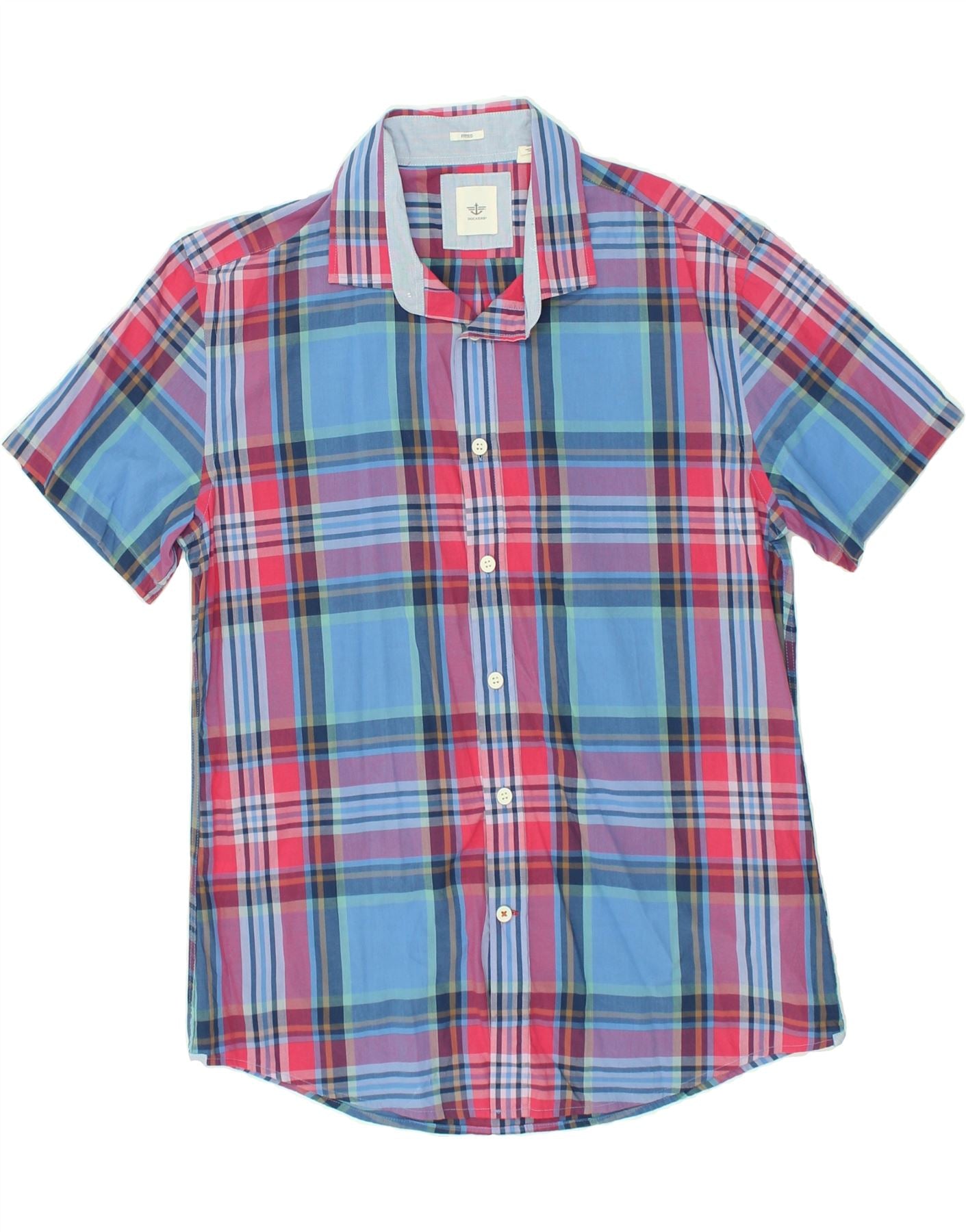 DOCKERS Mens Fitted Short Sleeve Shirt Large Blue Plaid Cotton