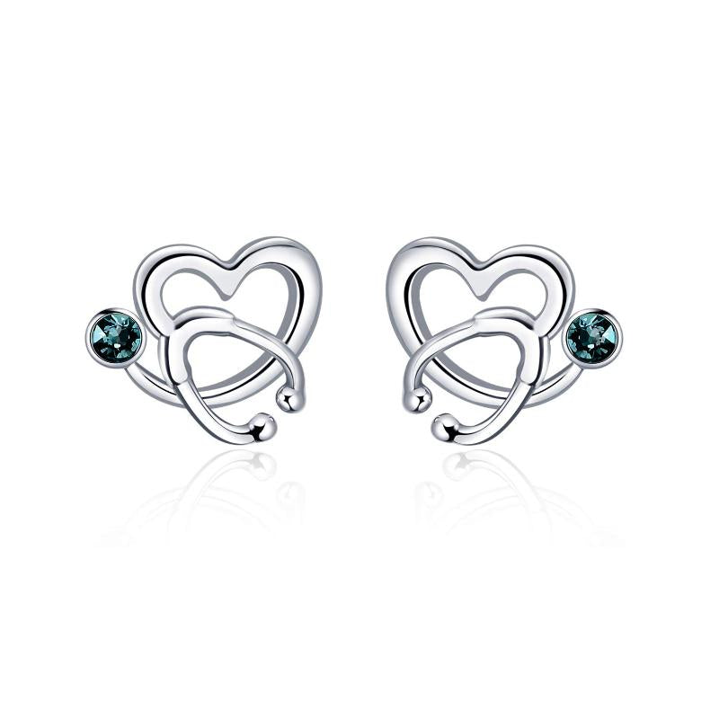 Nurse Sterling Silver Stethoscope Earrings Birthstone Studs Earrings with Crystal Jewelry Gifts For Nurse Doctor