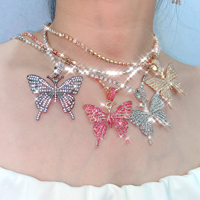 Big Butterfly Pendant Rhinestone Chain for Women`s Crystal Choker Necklace Party Jewelry