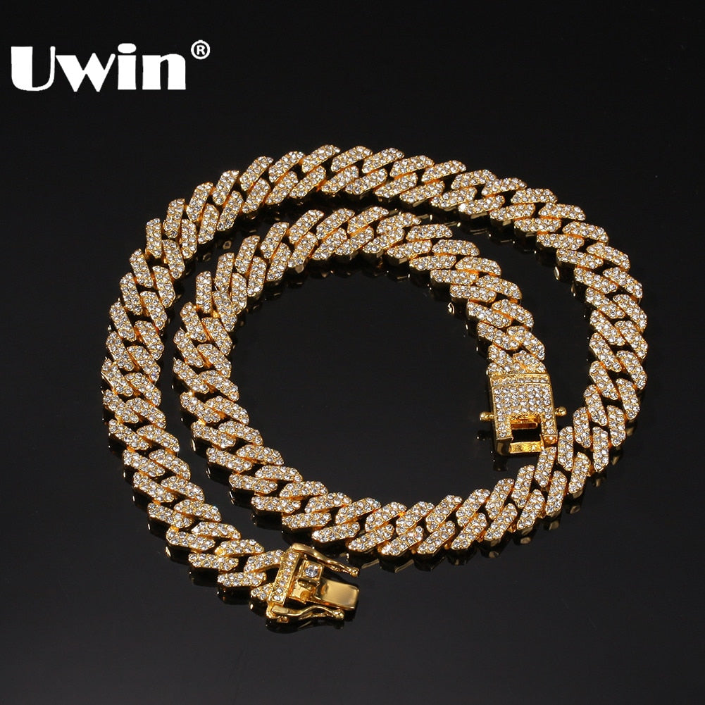 Micro Paved 12mm S-Link Miami Cuban Necklaces Hip-Hop Men`s Iced Rhinestones Modern Jewelry