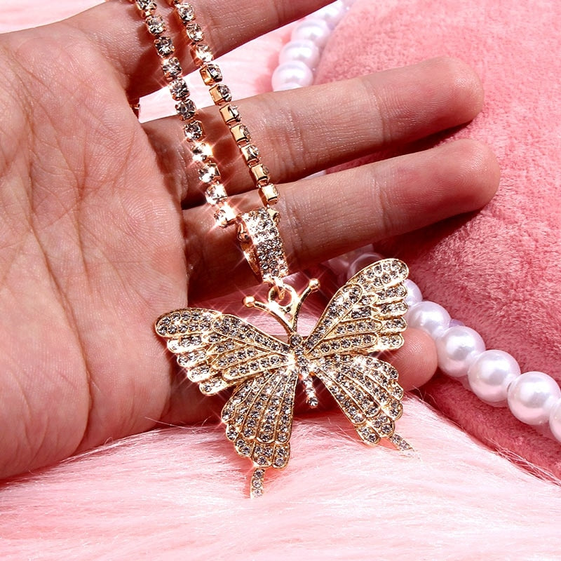 Big Butterfly Pendant Rhinestone Chain for Women`s Crystal Choker Necklace Party Jewelry