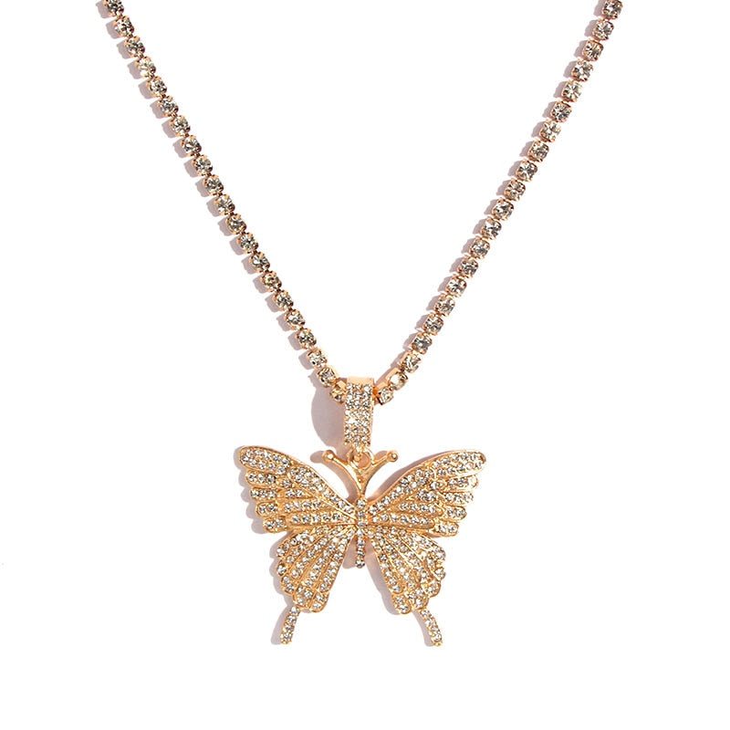 Big Butterfly Pendant Rhinestone Chain for Women`s Crystal Choker Necklace Party Jewelry