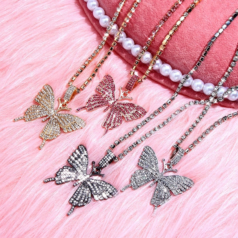 Big Butterfly Pendant Rhinestone Chain for Women`s Crystal Choker Necklace Party Jewelry