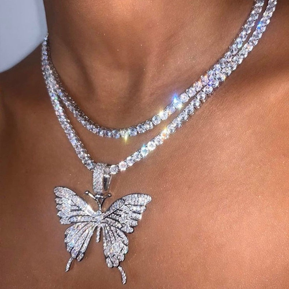 Big Butterfly Pendant Rhinestone Chain for Women`s Crystal Choker Necklace Party Jewelry