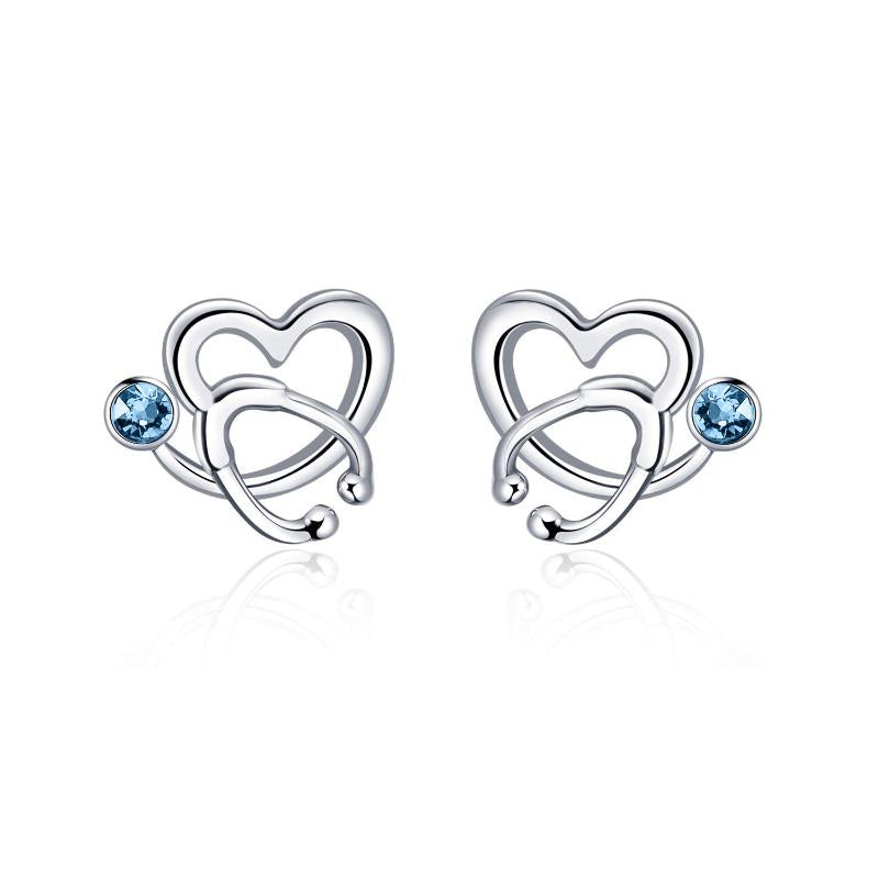 Nurse Sterling Silver Stethoscope Earrings Birthstone Studs Earrings with Crystal Jewelry Gifts For Nurse Doctor