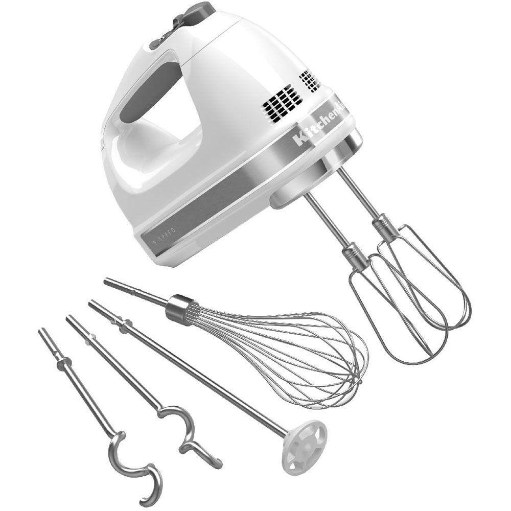 KitchenAid 9-Speed White Hand Mixer with Beater and Whisk Attachments