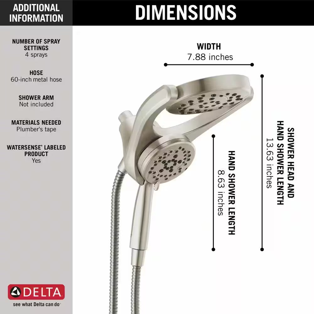 Delta HydroRain 4-Spray Patterns 1.75 GPM 6 in. Wall Mount Dual Shower Heads in Spotshield Brushed Nickel