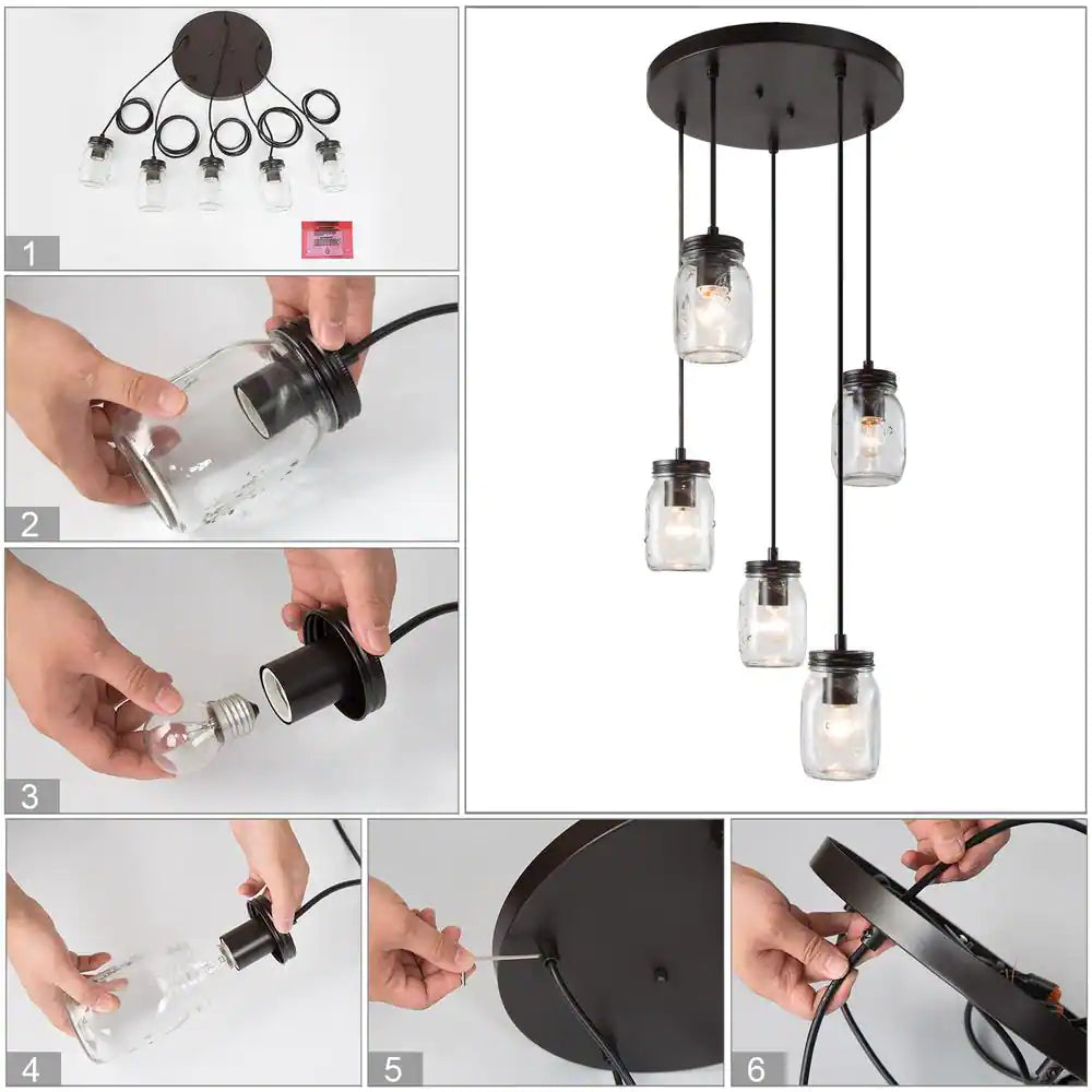 LNC Modern Farmhouse DIY Chandelier 5-Light Oil Rubbed Bronze Island Chandelier Pendant Light with Mason Jar Shade